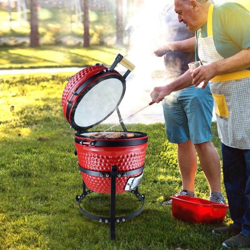 Outsunny Charcoal Grill Cast Iron BBQ Picnic Cooking Smoker Standing Heat Control Red