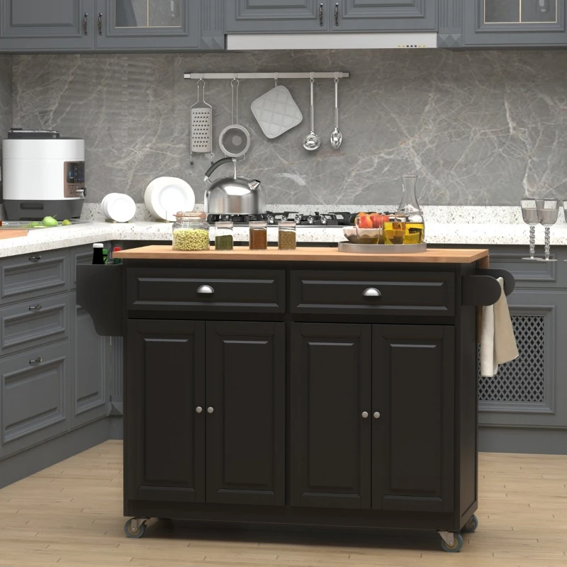 HOMCOM Rolling Kitchen Island on Wheels Ultility Cart with Drop-Leaf and Rubber Wood Countertop, Storage Drawer, Door Cabinet, Black