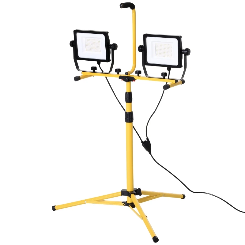 HOMCOM 14,000 Lumen Dual Head LED Work Lights Weather Resistant with Telescoping Adjustable Tripod Stand, Rotating Lamps