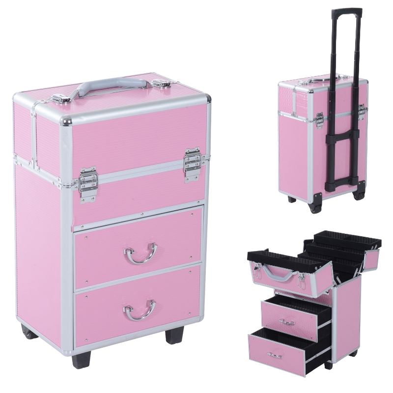Soozier 4 Tier Lockable Cosmetic Makeup Train Case with Extendable Trays - Pink