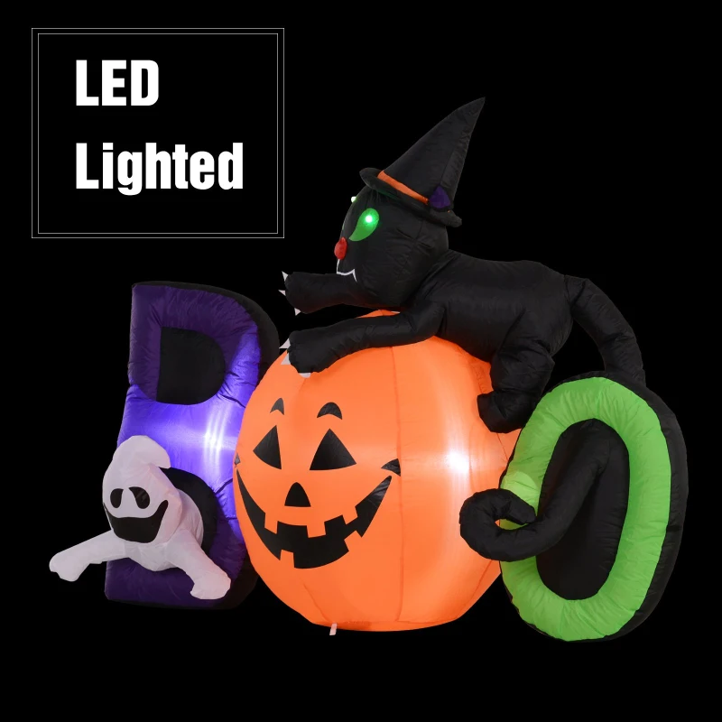HOMCOM 5.5' Lighted Inflatable Outdoor Halloween Yard Decoration - Boo Black Cat Ghost Pumpkin