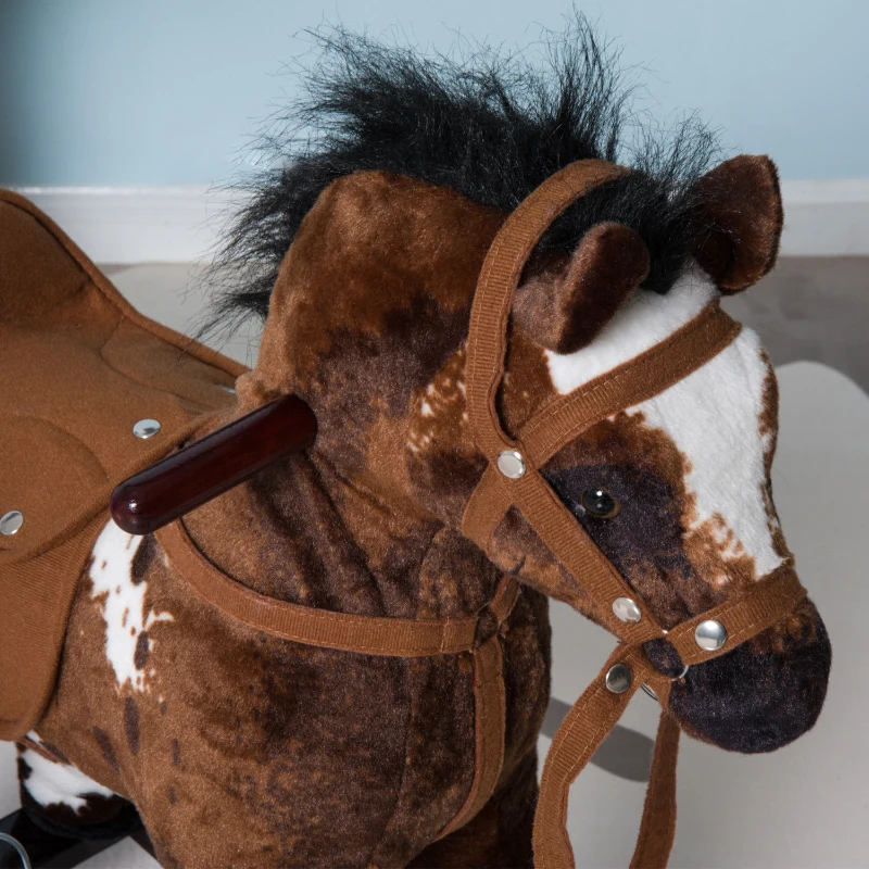 Open Box Qaba Kids Metal Plush Ride-On Rocking Horse Chair Toy with Realistic Sounds - Light Brown / White