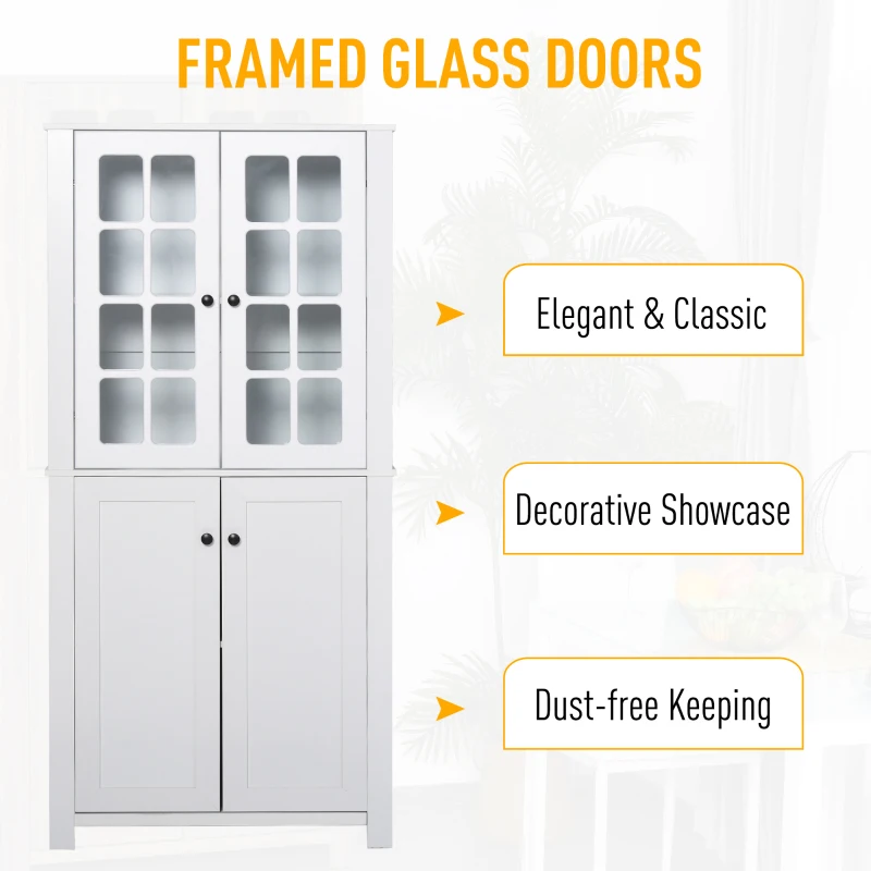 HOMCOM 71" Freestanding Kitchen Pantry Cabinet with Glass Door and Shelves, Tall Cupboard for Dining Room, Living Room, White