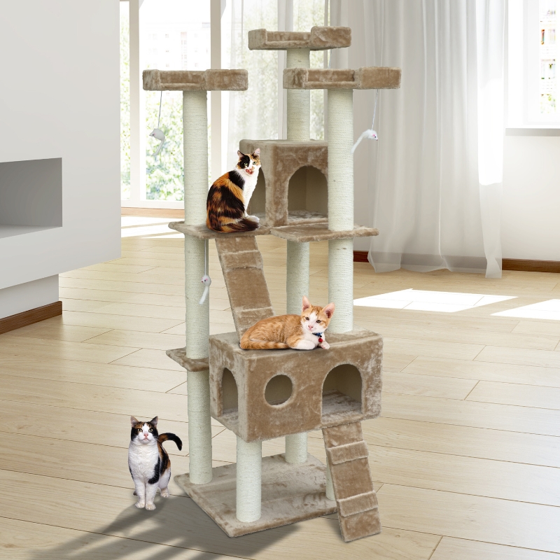 PawHut 71-Inch Cat Tree Furniture Pet Tower House with Scratch Post and Condo, Beige