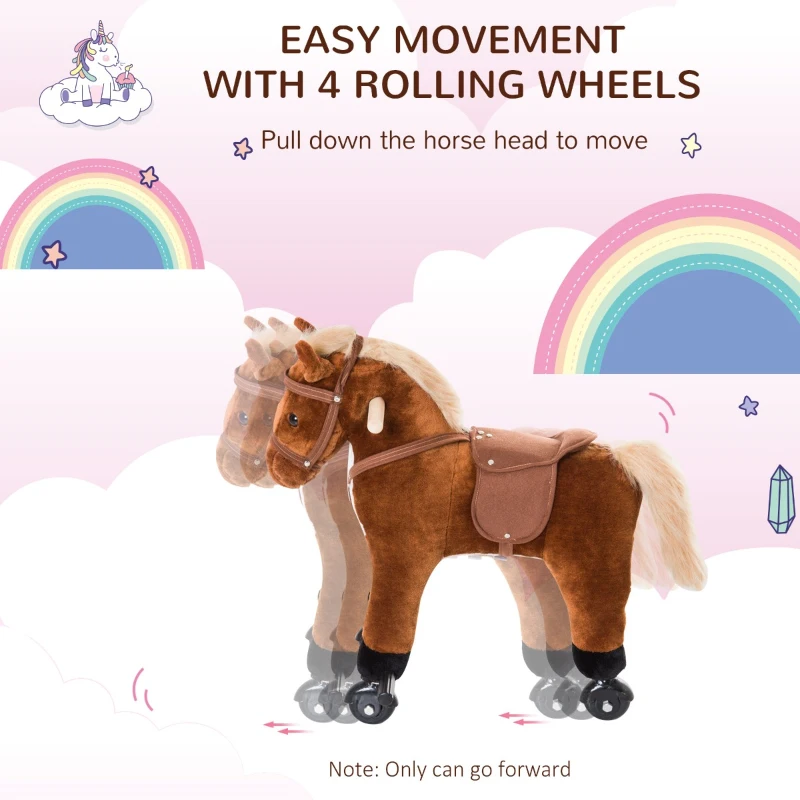 Qaba Kids Interactive Plush Mechanical Walking Ride On Horse Toy with Wheels, Brown