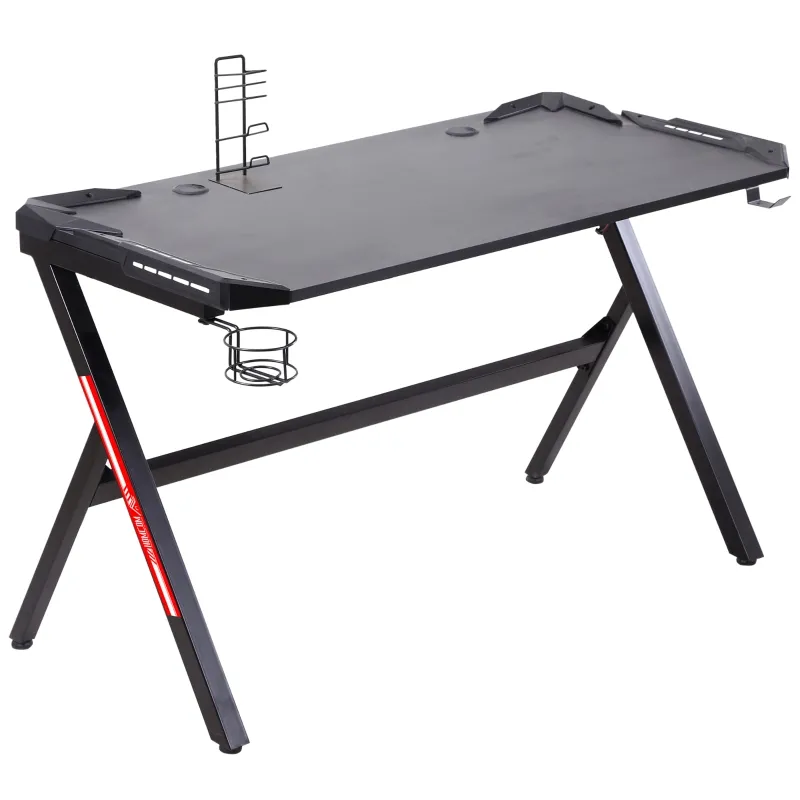 HOMCOM 47.25" Gaming Desk Racing Style Computer Table with LED Light Cup Gamepad Holder Headphone Hook Cable Management E-sport Study Workstation, Black