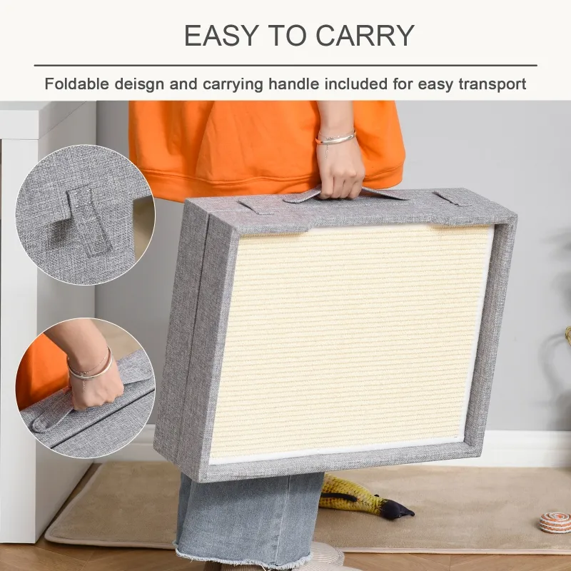 PawHut Cat House Foldable Kitten Cave 2 In 1 Design Condo Pet Bed with Soft Removable Washable Cushions Scratching Pad Suitcase Style Easy to Carry Grey