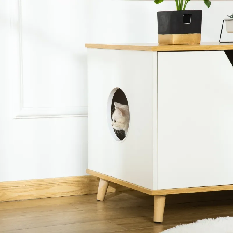 PawHut Cat Washroom with Damping Hinge, Multiple Storage Places, Adjustable Partition
