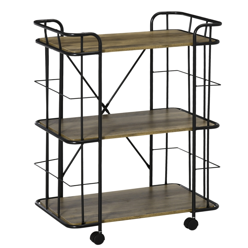 HOMCOM 32" Utility Kitchen Cart Rolling Serving Trolley w/ 3 Storage Shelves, Natural
