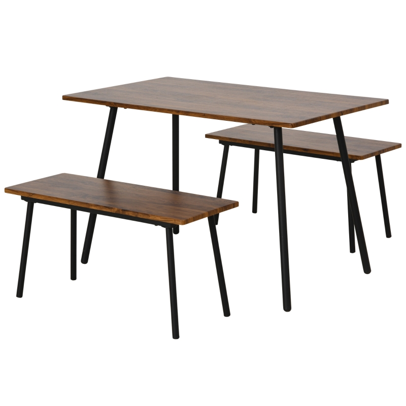 HOMCOM 3 PCs Table Dining Set With 2 Matching Benches P2 Grade MDF Steel Legs Dining Room - Brown