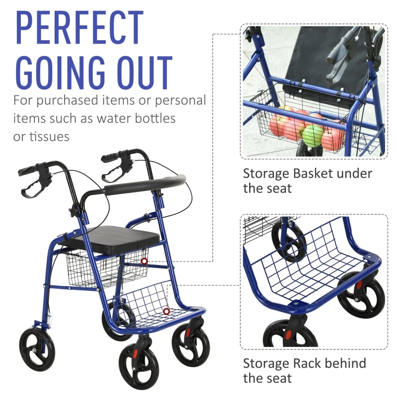 HOMCOM Adjustable Rollator Walker for Seniors with a Foldable Comfort Design, Steel Handbrakes, & Storage Space