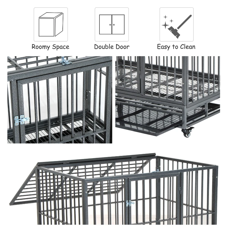 PawHut Heavy Duty Dog Cage Wheeled Pet Crate Exercise Kennel Double Door w/ Metal Tray Grey