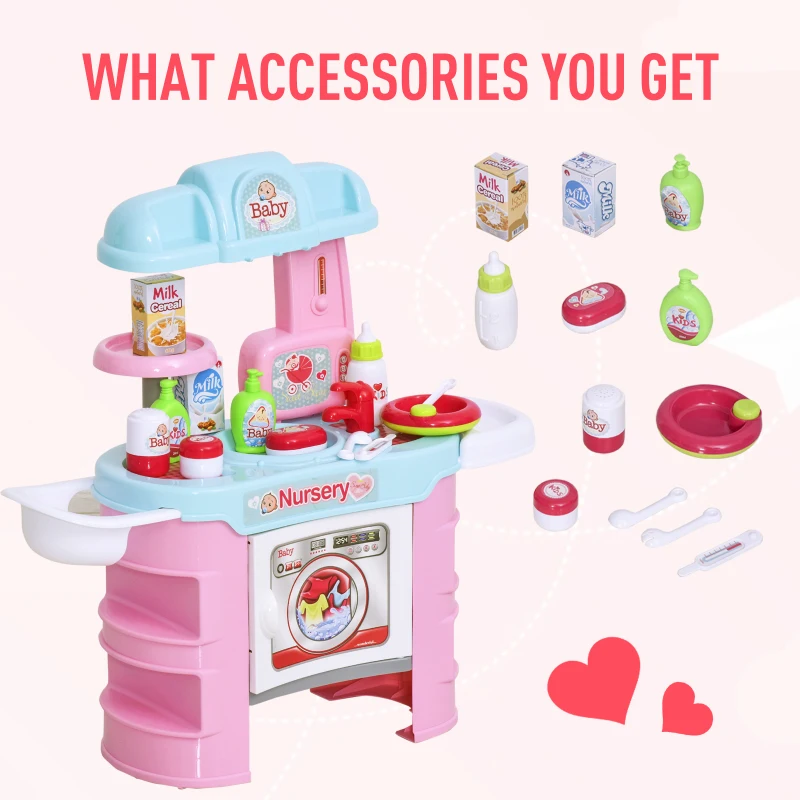 Qaba Baby Doll Bath Playset Kids Baby Nursery Set with Accessories for Boys Girls Ages 3-6 Years Pretend Play Set for Children Blue Pink
