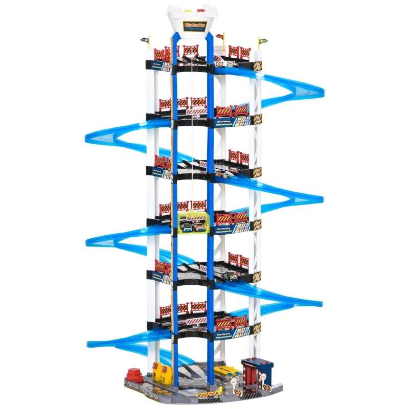 Qaba 7-Level Car Parking Garage Toy Dual Race Tracks Car Ramp Set Toddler Car Games w/ Electric Elevator Wash, Gas, Ejector & Car Repair Station Metal Cars for 3-6 Years Old