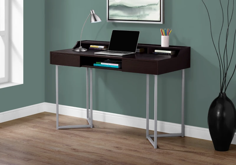 Monarch 48" Contemporary Compact Computer Writing Desk with Angular Legs - Cappuccino / Silver Metal