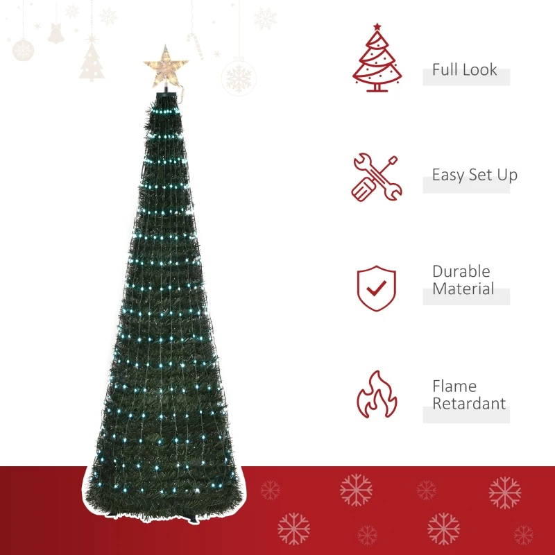 Outsunny 6ft Tall Pre-lit Slim Artificial Outdoor Christmas Tree Easy Assembly Pull Up Pop Out Yard Decoration with 304 Multi-Color LED Lights