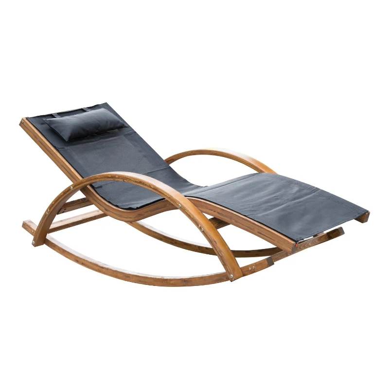 Outsunny Wooden Mesh Patio Rocking Chaise Lounge Outdoor Recliner Chair with Pillow – Black & Teak