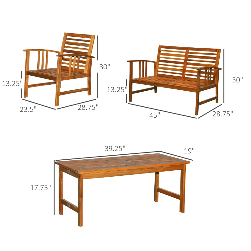 Outsunny 4 Piece Solid Acacia Wood Conversation Set Outdoor Patio Furniture Chat Set w/ Armchairs, Loveseat, Center Coffee Table & Cushions Teak/Cream
