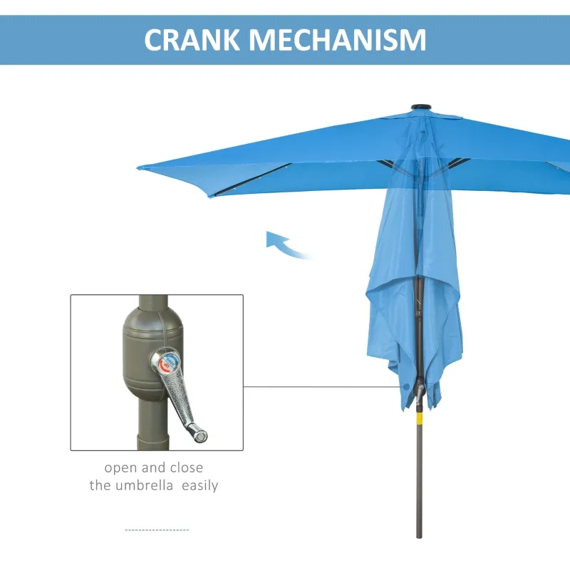 Outsunny 6.5x10ft Patio Umbrella Rectangle Solar Powered Tilt Aluminum Outdoor Market Parasol with LEDs Crank (Turquoise)