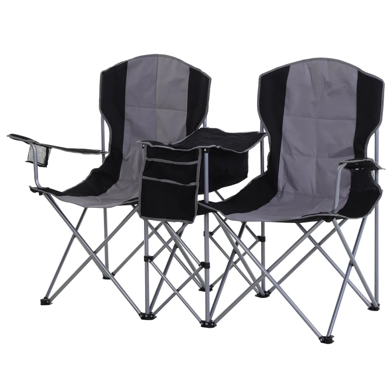 Outsunny 2 Person Folding Camping Chair Oxford Metal Fishing w/ Ice Bag  Cup Holder Black