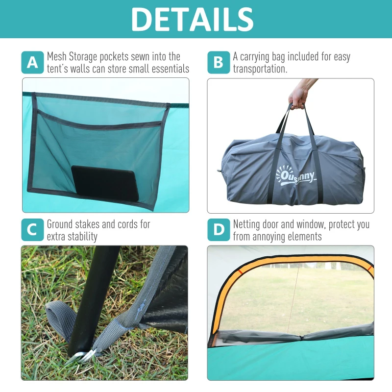 Outsunny Outdoor 3-Room Camping Tent For 10-12 W/ Build-in Bag, Lighting Hook, Carrying Bag