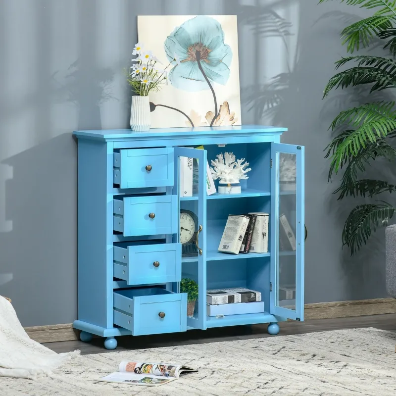HOMCOM Storage Sideboard Cabinet with 4 Drawers and Glass Door Cupboard, Console Table for Living Room, Kitchen