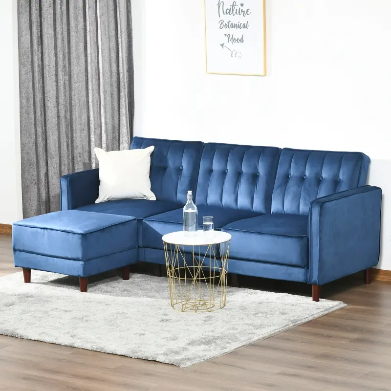 HOMCOM Upholstered L-Shaped Sofa Bed, Reversible Sectional Recliner Sofa Set, Velvet-Touch Sleeper Futon with Footstool, Blue