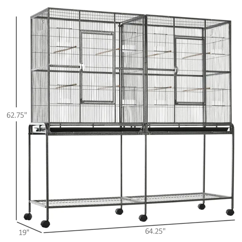 PawHut Rolling 65"L Bird Cage w/ Storage Shelf Wood Perch Food Container