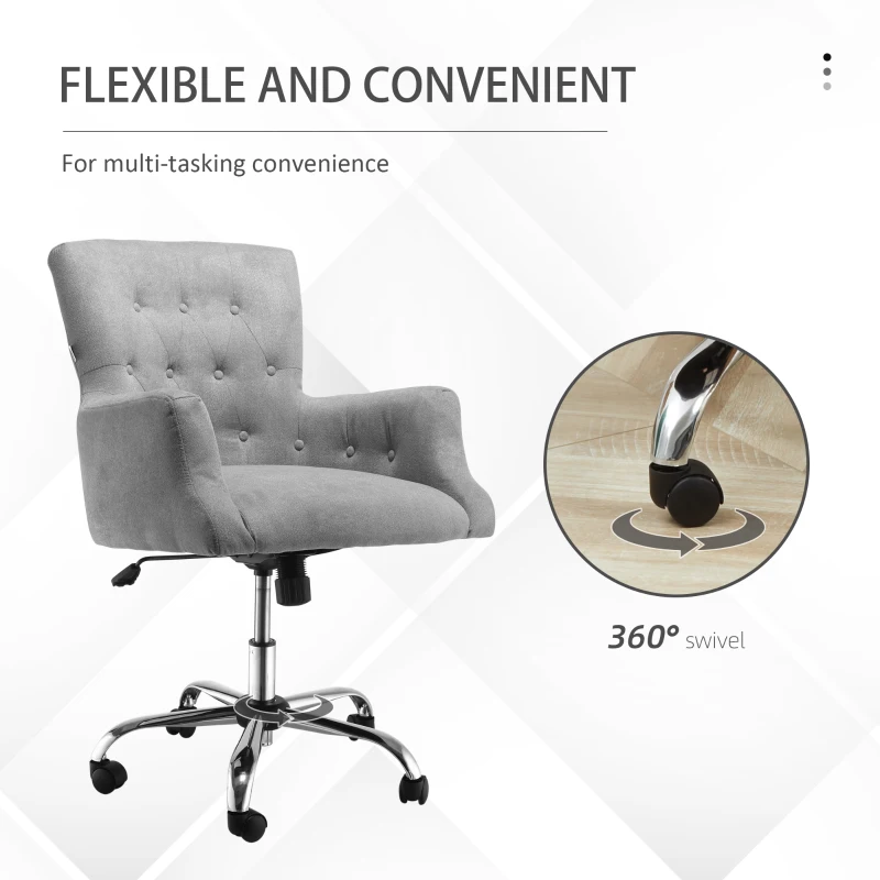 HOMCOM Mid Back Task Chair, Modern Home Office Chair with Tufted Button Design and Padded Armrests, Swivel Computer Desk Chair for Study Living Room Bedroom, Gray