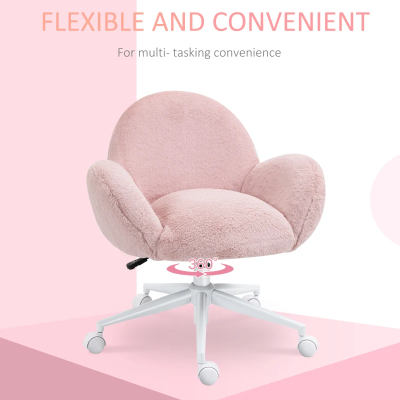 HOMCOM Faux Fur Leisure Chair Accent Chair Office Swivel Chair with Mid-Back Wide Design, Adjustable Seat Height, Steel Base, Wheels, Pink