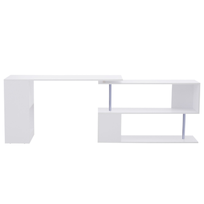 HOMCOM 55" 360° Rotating Corner Computer Desk Modern L-Shaped Home Office Workstation with 3-Tier Storage Shelves, Bookshelf, White