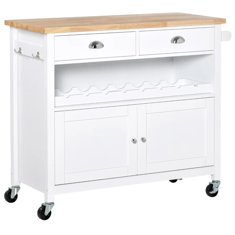 HOMCOM Rolling Kitchen Island Cart, Trolley Cart with Wine Rack, Rubberwood Top, Drawer and Hook, White