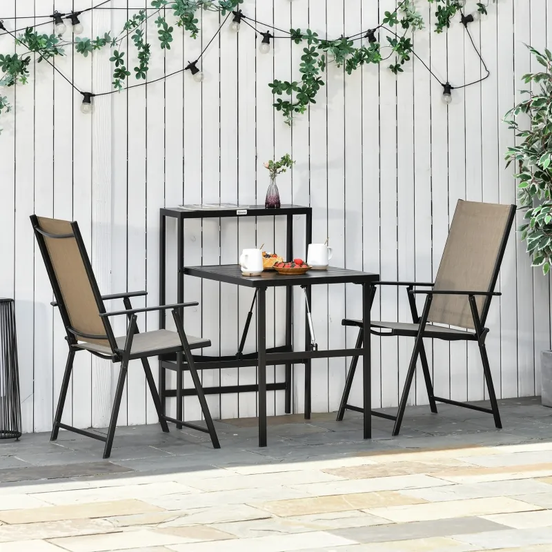 Outsunny 3 Pcs Folding Garden Furniture Set, Foldable Table and 2 Chairs Set w/ Side Shelf, Metal Frame, Indoor Outdoor Patio Balcony