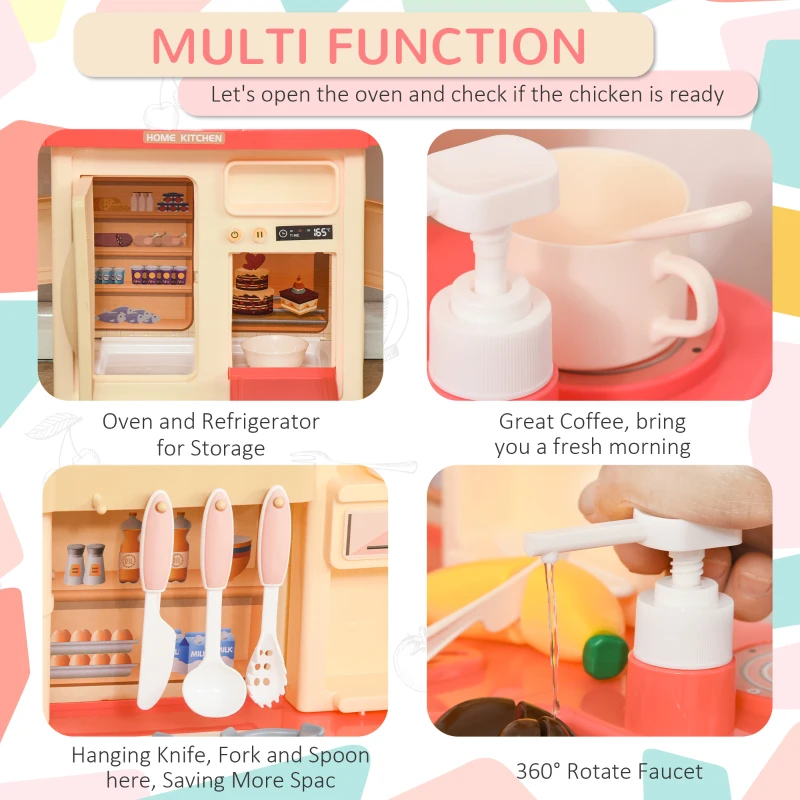 Qaba Kids Kitchen Play Set Role Play Cooking Toy, Educational Pretend Playset Game, w/ Water Circulation Spray Music Sound Light, 360° Rotation Faucet for 3-6 Years Old Beige, Pink