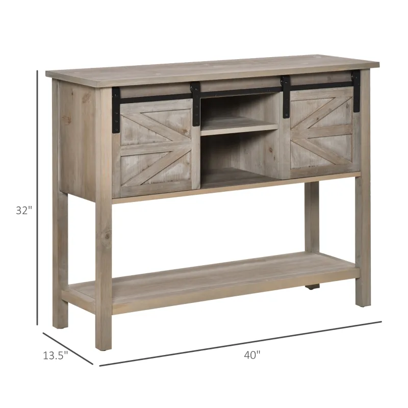HOMCOM Farmhouse Style Console Table with Sliding Barn Doors and 4 Open Storage Compartments and Elevated Base, Grey