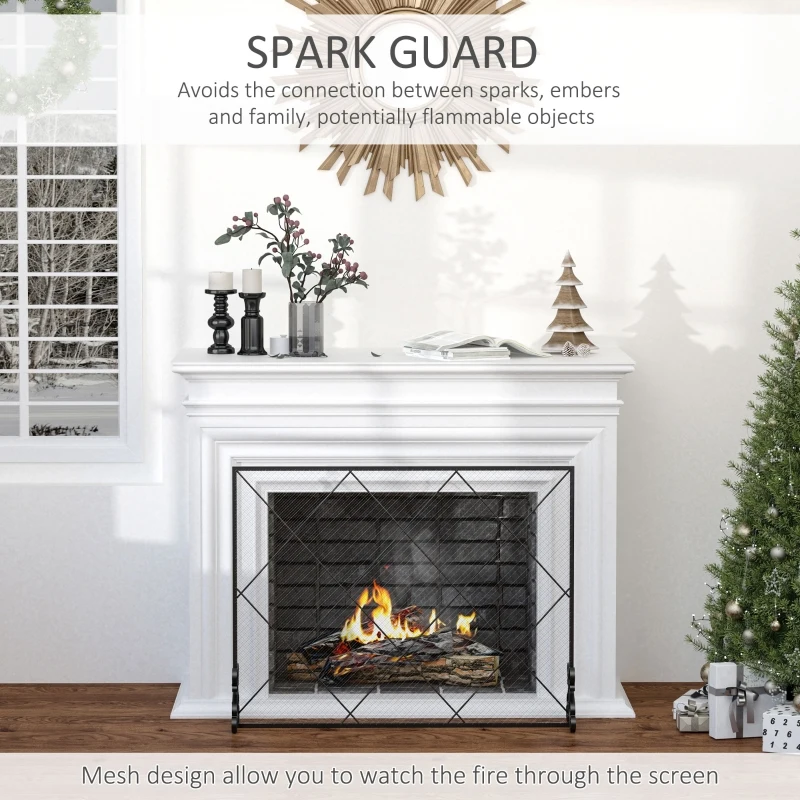 HOMCOM 41x32in Single Panel Fireplace Screen, Steel Mesh Fire Spark Guard Cover Art Modern Decoration for Living Room, Black