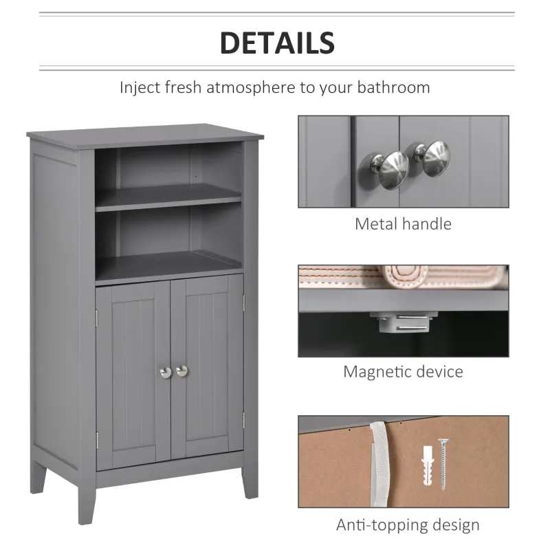 kleankin Bathroom Floor Cabinet, Freestanding Bathroom Storage Cabinet with 2 Open Shelves, Double Doors and 2 Adjustable Shelves, Small Cabinet for Bathroom, Washroom, Gray
