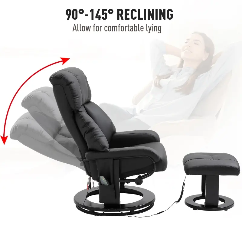 HOMCOM Massage Recliner Chair with Ottoman, 360° Swivel Recliner and Footstool, PU Leather Reclining Chair with Side Pocket and Remote Control, Black