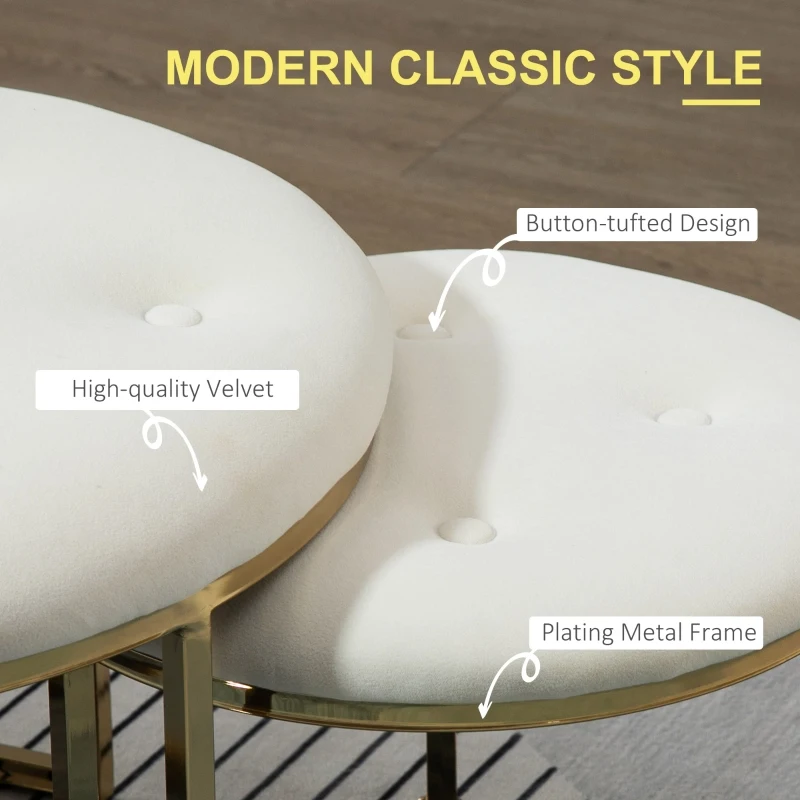 HOMCOM Nesting Coffee Table Set of 2, Round End Tables with Velvet-Feel Button Tufted Top for Living Room, Home Office, White