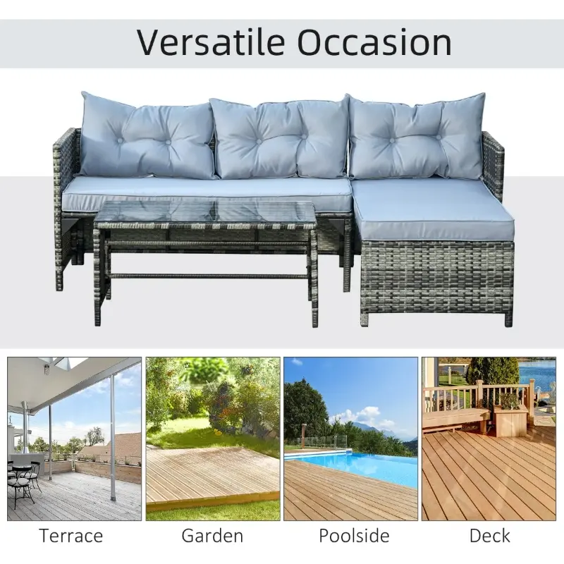 Outsunny 3 Piece Patio Furniture Set, Rattan Outdoor Sofa Set with Chaise Lounge & Loveseat, Soft Cushions, Tempered Glass Table, L-Shaped Sectional Couch, Light Gray