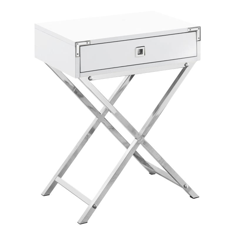 Monarch 24" Contemporary Accent Side End Table with Large Storage Drawer and Metal X-Design Legs - White / Chrome Metal Legs