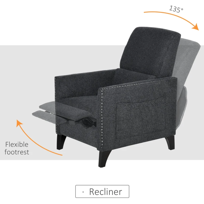 HOMCOM Push Back Manual Recliner Sofa,  Linen Fabirc Armchair with Thick Sponge Padding seat   and Footrest for Living Room, Dining Room, Office, Dark Grey