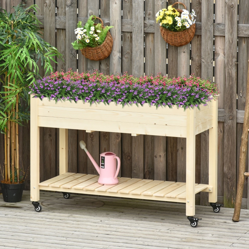 Outsunny Raised Garden Bed Mobile Elevated Wood Planter Box w/ Lockable Wheels, Storage Shelf for Herbs and Vegetables Backyard Patio Balcony Zebrano