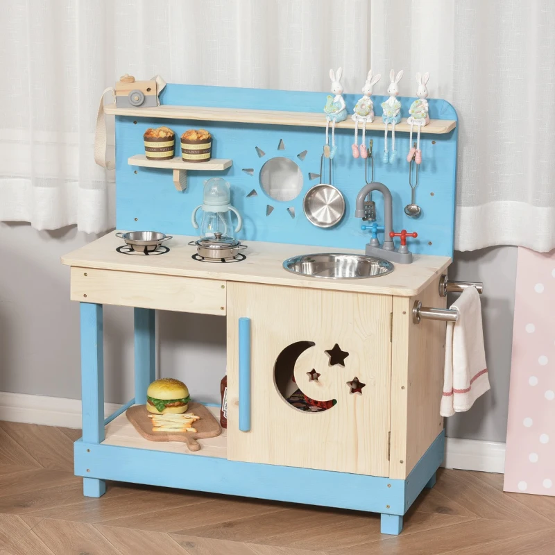 Outsunny Wooden Kids Kitchen with Pots and Pans, Storage Shelf Cabinet, Side Hanger, Sun, Moon, Star Pattern for 3+