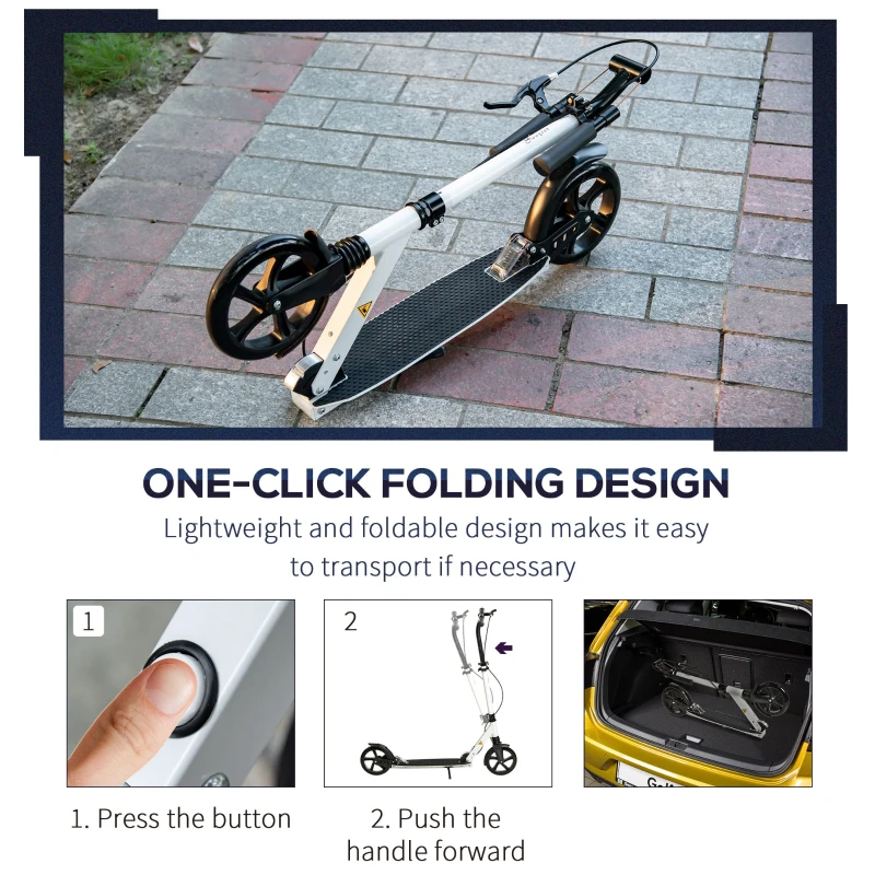 Soozier one-click Folding Kick Scooter for 14+ w/ Adjustable Handlebar, Push Scooter with Kickstand, Dual Brake System, Shock Absorber, 7.75'' Wheels & ABEC-7 Bearings, White