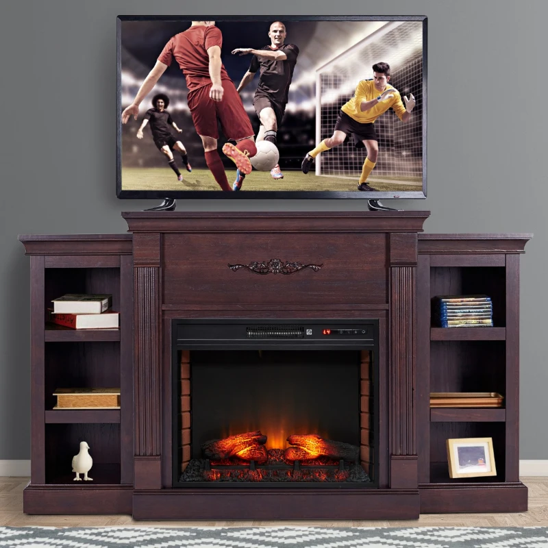 HOMCOM 70" W x 15.75" H Electric Fireplace Mantel TV Stand, Media Console Center Cabinet with 6 Shelves and Remote Control, Dark Brown