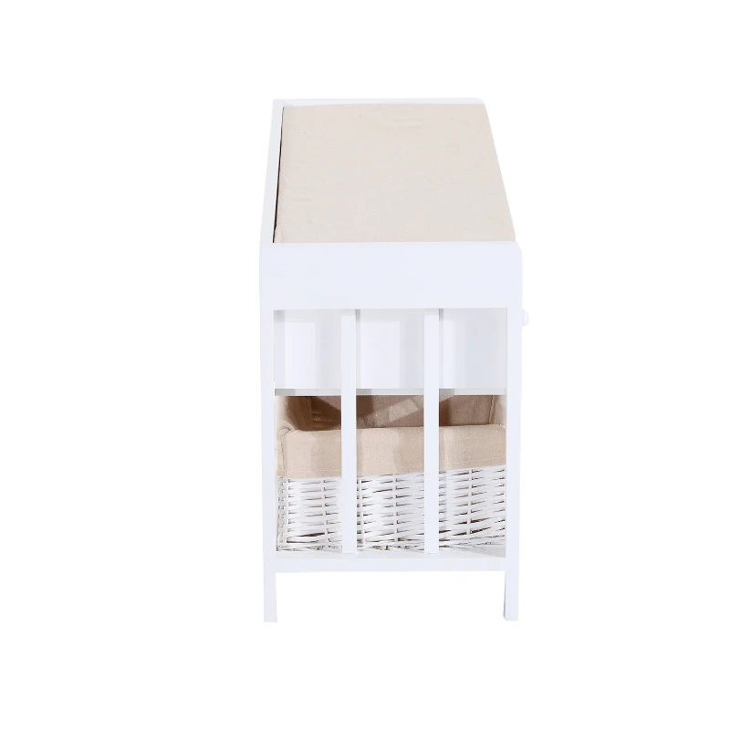 HOMCOM 3-Cube Wood Storage Bench w/ Cushion Entryway Organizer Seat with Wicker Basket and Drawer White