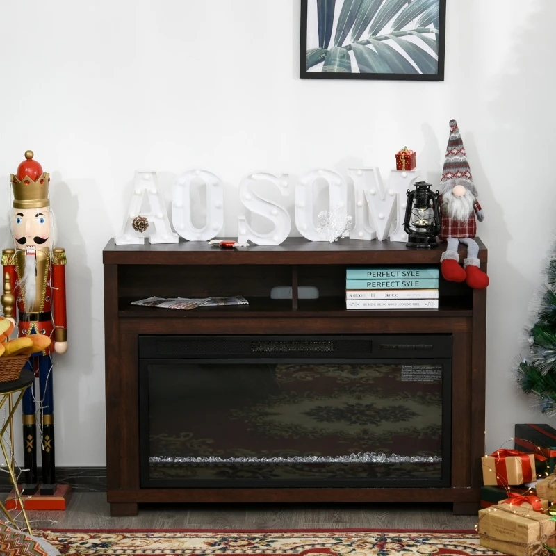 HOMCOM 43.75" W x 31.5" H Electric Fireplace Mantel TV Stand, Media Console Center Cabinet with Two Shelves and Remote Control, Brown