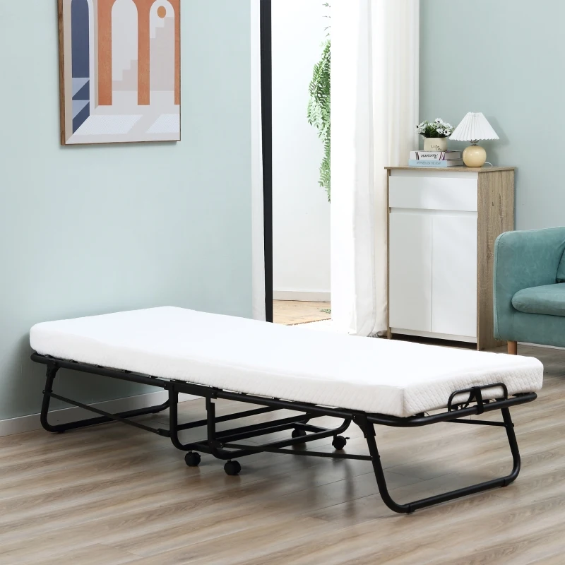HOMCOM Rollaway Bed, Folding Bed with 4" Mattress, Portable Foldable Guest Bed with Memory Foam, Steel Frame and Wheels, White