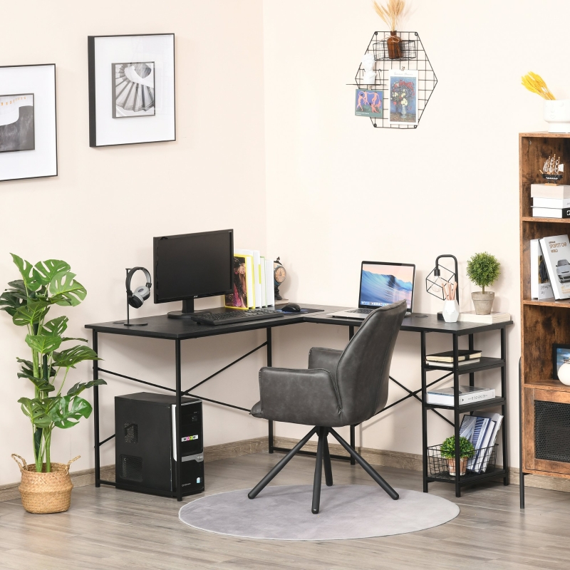 HOMCOM L-Shaped Home Office Desk Corner PC Table Computer Workstation with Storage Shelf, Cord Holes, Black